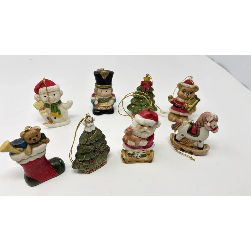 Vintage Ceramic Christmas Ornaments Set 8 Santa‎ Teddy Bear Tree Snowman drummer